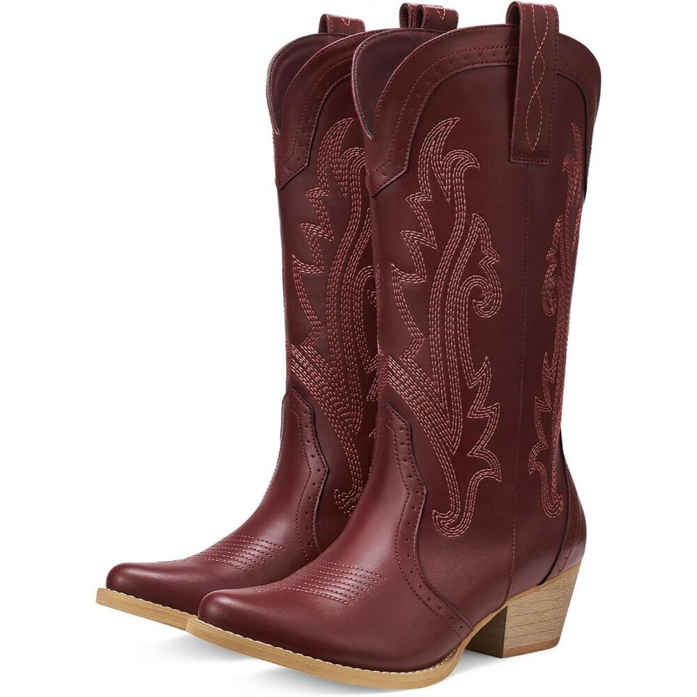 Ⓜ️Women's Red Pointed Toe Stitched Embroidery Mid Heel Traveling Cowgirl Boot